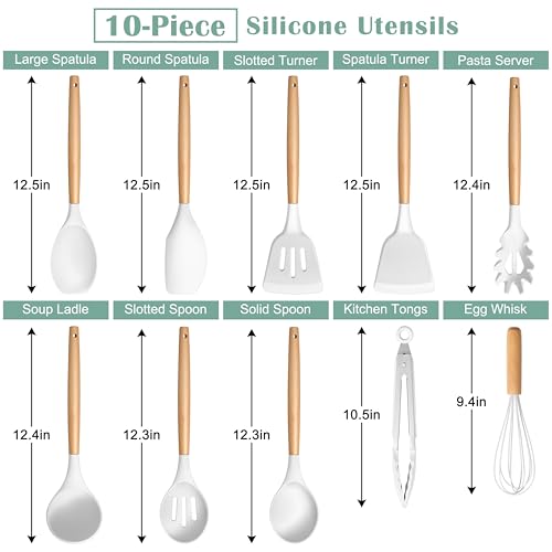 E-far Silicone Cooking Utensils Set, 446℉ Heat Resistant 10PCS Kitchen Utensils Set with Wooden Handle for Nonstick Cookware, Kitchen Tools Spatula Whisk Tongs Ladle, Non-toxic & Healthy, White - color: White, size: 10