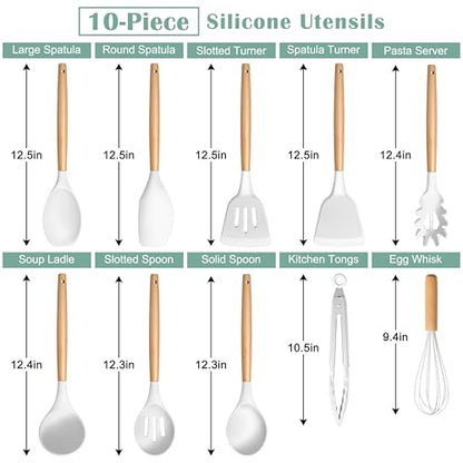 E-far Silicone Cooking Utensils Set, 446℉ Heat Resistant 10PCS Kitchen Utensils Set with Wooden Handle for Nonstick Cookware, Kitchen Tools Spatula Whisk Tongs Ladle, Non-toxic & Healthy, White - color: White, size: 10