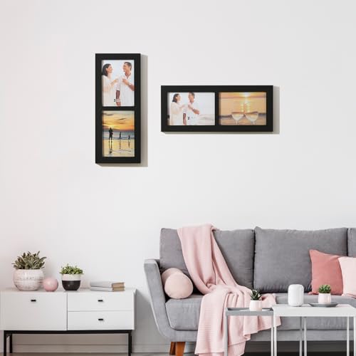 7x5 2-Opening Collage Picture Frame Black Wood | Two 5x7 openings, shatter-resistant glass, tabletop & wall mounting - size: 7x5 - 2 Opening