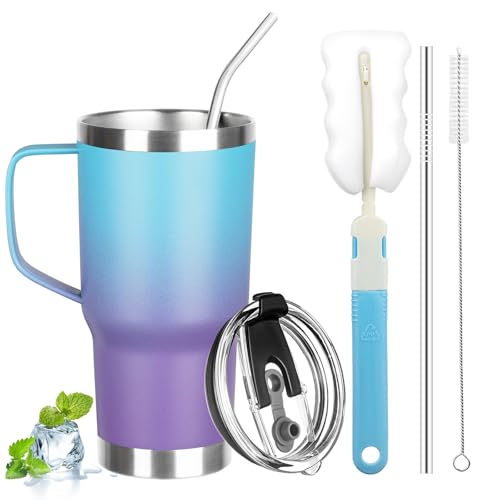 20 oz Tumbler with Handle, Stainless Steel Insulated Tumbler with Lid and Straw, Double Wall Vacuum Coffee Mug Tumbler, Insulated Coffee Thermal Cup for Cold and Hot (Blue Purple) - color: Blue Purple, size: 20 Ounces