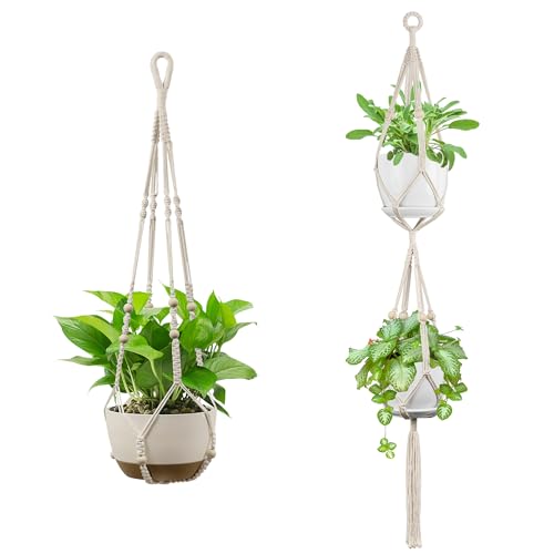 USLAI Macrame Plant Hanger Indoor Outdoor, Fits 4 to 15 Inch Pots, Strong Hanging Planter Holder, Boho Home Decor, 49+35 Inch, Ivory (POTS NOT Included) - color: 35+49 Inch - Ivory