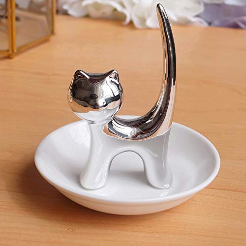 PUDDING CABIN Ring Holder Dish, Sliver Cat, Jewelry Storage for Women, Cat Lover Gifts, Christmas, Mother's Day, Birthday, Wedding, Engagement, Valentine's Day - style: Long Tail Cat