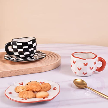 Koythin 10oz Irregular Ceramic Mug With Saucer, Red Heart Latte Tea Cup | 300ml Creative Heart Cup, Dual Safe Ceramic; Home Office Use, Lovely Women Gift - color: Red Heart