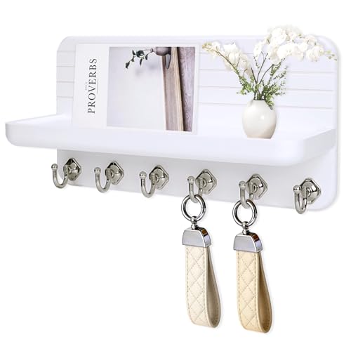 Key Holder for Wall, Mail Organizer Wall Mount with 6 Hooks Wooden Hanging Key Rack for Home Decor, Hallway, Entryway (White) - color: White