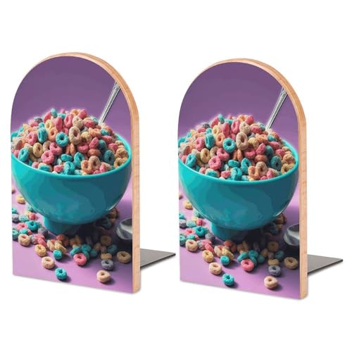 Cereal in Bowl Book Ends for Shelves Heavy Duty Non-Slip Wooden Bookends with Metal Base Modern Decorative Wooden Book Holders Book Stopper for Home Office And Library,Books Shelf Holder Organizer Acc