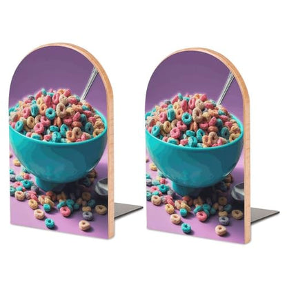 Cereal in Bowl Book Ends for Shelves Heavy Duty Non-Slip Wooden Bookends with Metal Base Modern Decorative Wooden Book Holders Book Stopper for Home Office And Library,Books Shelf Holder Organizer Acc