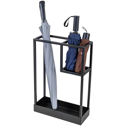 MyGift Modern Black Metal Entryway Umbrella Rack with Geometric Design, 13 x 5-inch Wide Rectangular Freestanding Cane Umbrella Holder with Shelf for Small Umbrellas and Bottom Drip Catch Tray - color: Black, size: 13.4″(Rectangle)