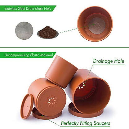 D'vine Dev 3-Pack Plastic Pots & Saucers, 6/6.5/8 in,Terracotta, 74-V-C-3 | Multi-Size Options, Lightweight Durable, Matte Finish, Cylinder Shape, Drainage Holes, Sleek Design, Detachable Saucer - color: Terracotta, size: Medium