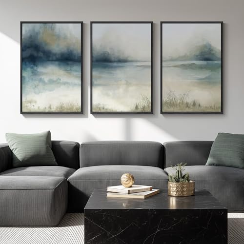 Large Framed Blue Nature Landscape Wall Art for Living Room, 3 Piece 24x36 | Misty lake mountain pictures, Watercolor canvas prints, Abstract paintings, Artwork for walls, Wall decor for hallway office - color: Misty Lake, size: 24" W x 36" H x 3pcs
