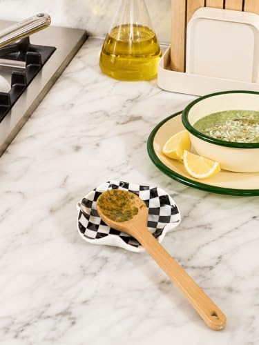 Miamolo Spoon Rest for Stove Top, 5.3in Checkered Spoon Holder Utensil Rest, Ceramic Spoon Rests for Coffee Bar, Kitchen Gadget Cooking Gift for Housewarming - Heat Resistant & Dishwasher Safe - color: Black & White Pattern