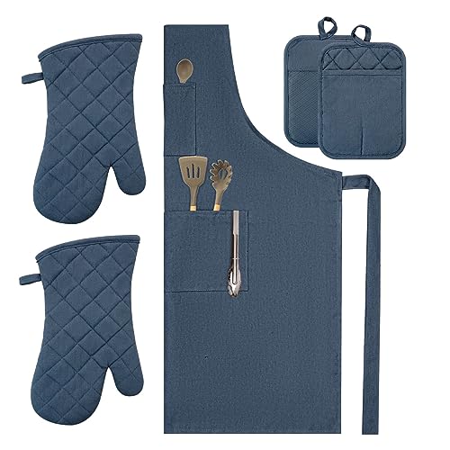 Oven Mitts and Pot Holders with Cooking Apron Set of 5, Heat Resistant Kitchen Gloves and Silicone Non-Slip Potholders, Adjustable Neck Buckle Chef Apron, Cotton Nice Design for Cooking （Navy… - color: Navy