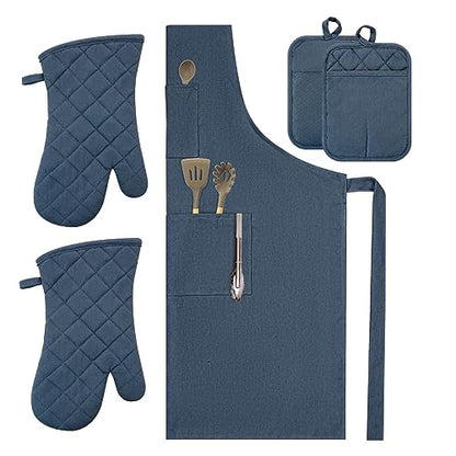 Oven Mitts and Pot Holders with Cooking Apron Set of 5, Heat Resistant Kitchen Gloves and Silicone Non-Slip Potholders, Adjustable Neck Buckle Chef Apron, Cotton Nice Design for Cooking （Navy… - color: Navy