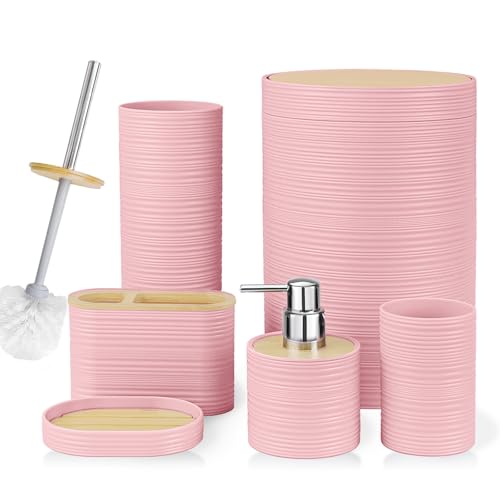 CERBIOR Bamboo Bathroom Accessories Set 6 Piece Spiral Bath Ensemble（Pink） | Includes Soap Dispenser, Toothbrush Holder, Toothbrush Cup, Soap Dish for Decorative Countertop and Housewarming Gift, Pink - style: Pink