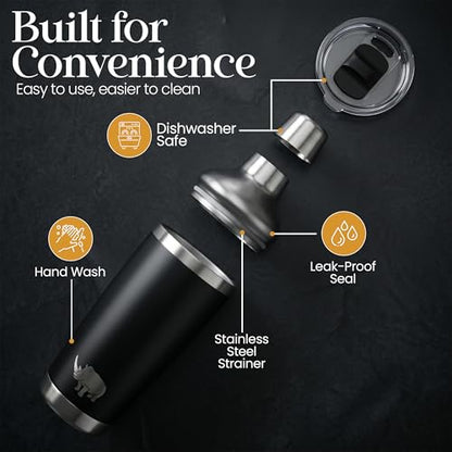 Vacuum Insulated Stainless Steel Cocktail Shaker 20oz | Double Wall Powder Coated Non-Slip Grip | Bar Mixer for Home Bar & Bourbon | Travel Mug Ready | Dishwasher Safe