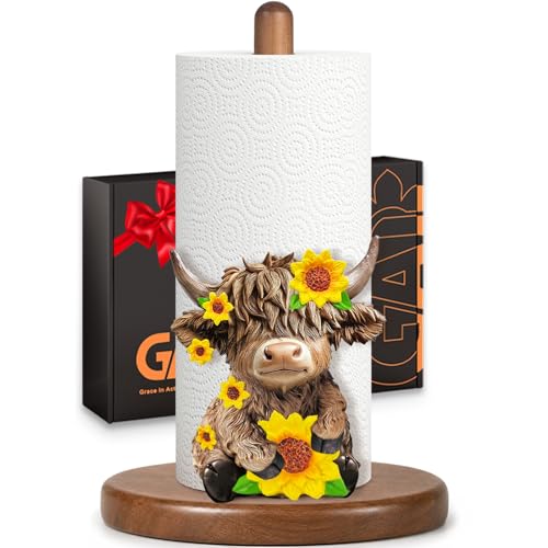 Highland Cow Paper Towel Holder, Farmhouse Cottagecore Kitchen Decor | Cute Wood Paper Towel Stand, Countertop, 3D Resin Cow Gifts for Women, Mom, Grandma, Fits Standard/Jumbo Rolls, Non-Slip Base - color: Highland Cow