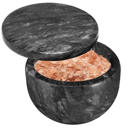 jalz jalz Black Marble Salt Cellar with Lid, Large 10oz Spice Keeper Pot with spoon - color: Black Cover Black Base