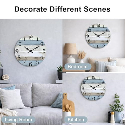 JoFomp 12 Inch Wall Clocks Battery Operated, Silent Wall Clock Non Ticking, Coastal Country Design Rustic Wall Clocks for Living Room Decor, Wooden Wall Clock for Bedroom Kitchen Bathroom - size: 12 Inch