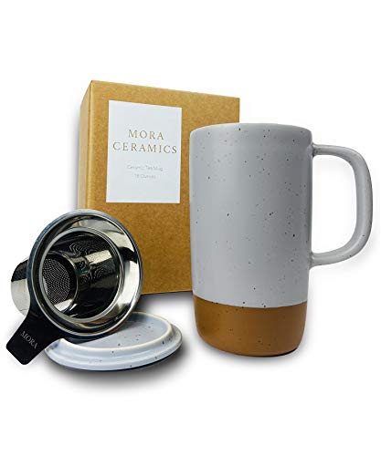 Mora Ceramics Large Tea Mug with Loose Leaf Infuser and Ceramic Lid, 18 oz, Portable, Microwave and Dishwasher Safe, Tall Coffee Cup - Rustic Matte Ceramic Glaze, Modern Herbal Tea Strainer, Sleet - color: Sleet