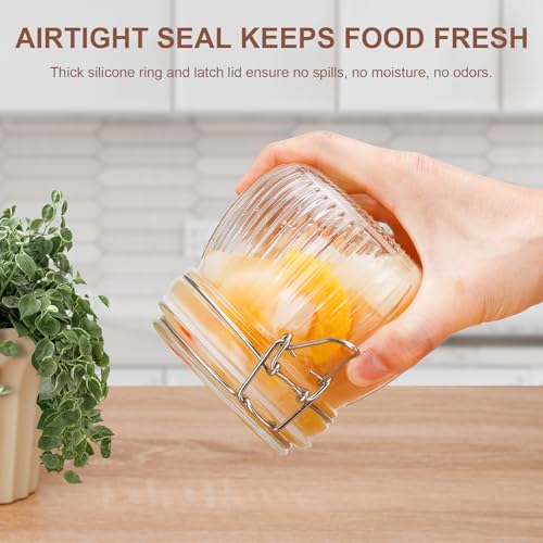 17oz Airtight Glass Jar with Lid, 6 Pack Clamp Lid Glass Storage Jars, Flip Top Food Storage Containers, Wide Mouth Thick Glass Jars for Yogurt Dessert Jam Sugar Snacks Pantry Kitchen Organization - size: 17 fl oz x 6 - Ridged