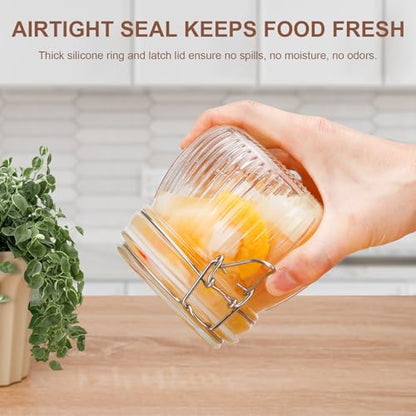 17oz Airtight Glass Jar with Lid, 6 Pack Clamp Lid Glass Storage Jars, Flip Top Food Storage Containers, Wide Mouth Thick Glass Jars for Yogurt Dessert Jam Sugar Snacks Pantry Kitchen Organization - size: 17 fl oz x 6 - Ridged