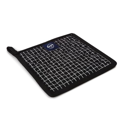 Encasa XO Pot Holders, Quilted Kitchen Hot Pads 8"x8" Butcher Checks Black | 100% Eco-Friendly Cotton | Thick Cotton Padding Insulation | Convenient Hanging Loop | Set of 2 - color: Butcher Checks Black