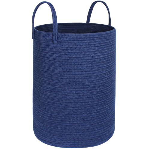 Large Blue Laundry Basket, 80L Tall Blanket Basket Living Room, Cotton Rope Toy Bin, XL Woven Baby Nursery Laundry Hamper with Handle, Navy Blue Room Decor, 16.5"x22.5" Bedroom Aesthetic - color: Blue, size: 16.5"D x 22.5"H