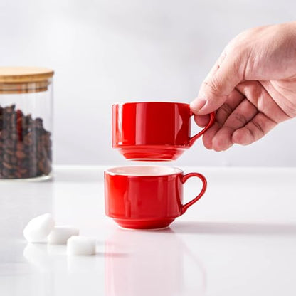 2.5oz Espresso Cups Set of 4, Small Stackable Coffee Cups with Saucers and Metal Stand, Ceramic Demitasse Cups, Cappuccino Cups for Coffee Drinks, Latte, Red - color: Red, size: 2.5oz