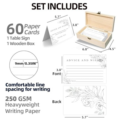 Advice & Wishes Cards Box - Elegant Floral Keepsake for Wedding, Baby Shower, Retirement - 60 Cards + Wooden Box & Stand - color: WHITE FLORAL