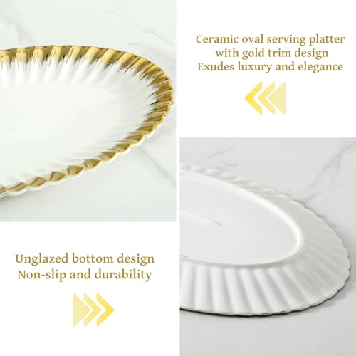Serving Platters, Ceramic Oval Serving Platters,12 Inch Serving Dishes/Trays for Party Entertaining, Porcelain White Dinner Plates with Gold Trim for Sandwich, Appetizer, Fruit, Desserts, Set of 2 - color: Oval White and Gold-2 Pcs