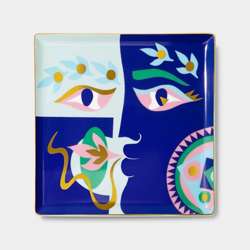 Ceramic Tray | Roman-Inspired Decorative Trinket Dish with Hand-Applied Gold Glaze | High-Fired Ceramic Catchall for Entryway & Coffee Table | Luxurious Gift Box Included (Blue) - color: Blue