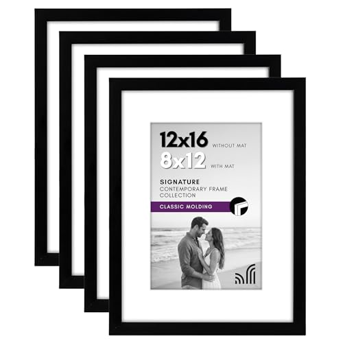 Americanflat 12x16 Picture Frame 4-Pack - Matted to 8x12 - Black | Engineered Wood construction, Shatter-resistant glass, hangs vertical or horizontal, sawtooth hangers included - color: Black, size: 12x16, style: 4 Pack