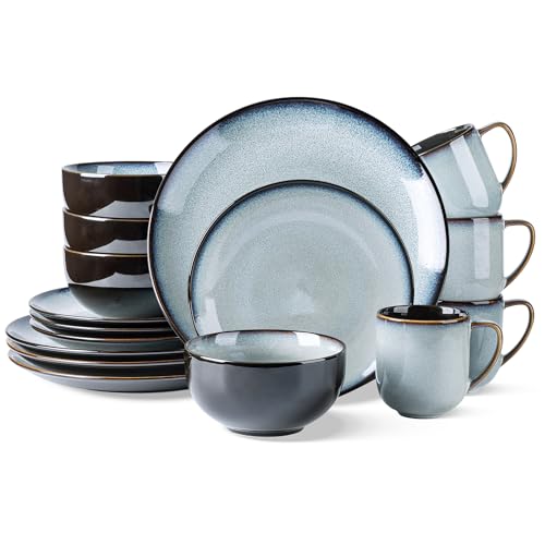 LERATIO Ceramic Dinnerware Sets for 4,16Pcs Stoneware Plates and Bowls Set | Handmade Reactive Glaze Ceramic Dishes Set,Oven & Microwave,Dishwasher Safe,Scratch Resistant-Gray White - color: Dreamy Moonlight-Gray White, size: Service for 4-16pcs