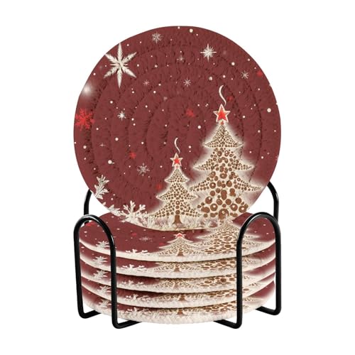 Caikeny 6 Pcs Drink Coasters with Metal Holder Coffee Tree Christmas Snowflake Absorbent Coasters Decorative Woven Coaster Set for Coffee Table - color: Multi 10k1.21