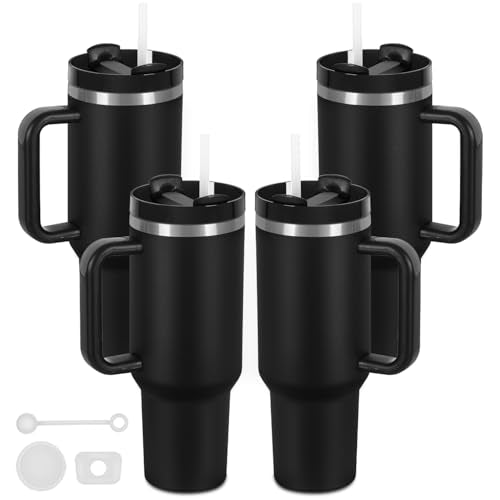 4 Pack 40 Oz Tumbler with Handle Bulk, Double Wall Vacuum Insulated Stainless Steel Tumbler with Lid and Straw, 40 oz cup with Silicone Spill Proof Stopper Set (Black) - color: Black