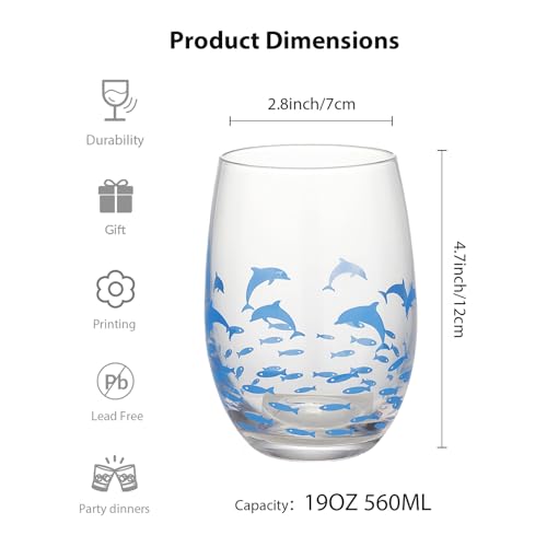 Hand Blown Etched Stemless Wine Glasses 19oz, Set of 4, Everyday Drinking Glasses, Large capacity, Unique Gifts for Him Her for Birthday, Wedding, Anniversary - color: Clear With Marine dolphins & fishes