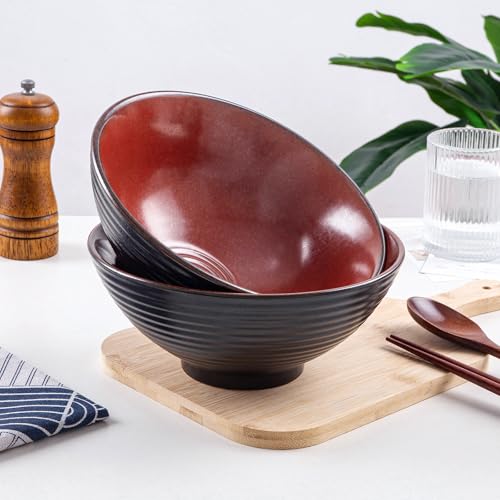 Ceramic Japanese Ramen Bowl Set, 2 Sets Asian Pho Udon Soup Noodle Bowls with Spoons and Chopsticks (Red, 8 inches) - color: Red