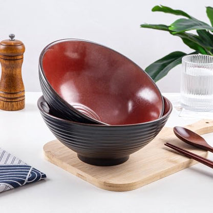 Ceramic Japanese Ramen Bowl Set, 2 Sets Asian Pho Udon Soup Noodle Bowls with Spoons and Chopsticks (Red, 8 inches) - color: Red