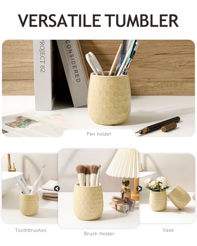 Toothbrush Holder, Tooth Brush Holder for Bathroom - Ceramic Toothbrush Cup Toothbrush Holders Countertop, Ice Cracks Yellow Makeup Brush Holder Pen Holder, 3.62" x 3.62" x 3.93", ANTIS'S HOME - color: Ice Crack Yellow, size: Honeycomb