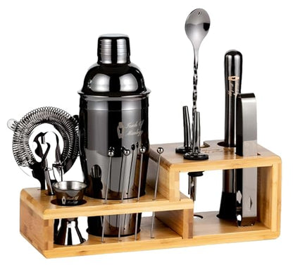 Bartender Kit with Cocktail Shaker, Stylish Bamboo Stand, Liquor Pourers for an Perfect Drink Mixing Experience - 14 Piece Barware Essentials Cocktail Shaker Set (Dark Metallic) - color: Dark Metallic