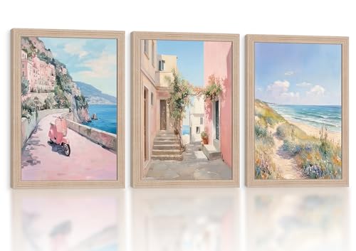 Pink Coastal Landscape Canvas Wall Art 3Pcs Framed Home Decor 24X16 Inch | Ready To Hang Beach Scenery Ocean Seaside Painting Prints Picture Poster Girls' Room Living Room Bedroom Entryway Foyer - color: Beach Scenery 005, size: 24"L x 16"W