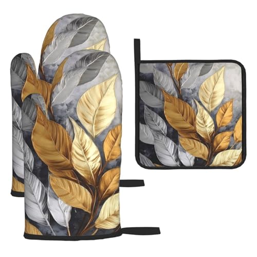 Gold Silver Tropical Leaves Oven Mitts and Pot Holders Sets of 3 | Modern Hot Pads Heat Resistant Non Slip Washable for Cooking Grilling Baking BBQ Kitchen Decor - color: Tropical Leaves