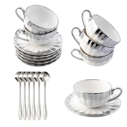 CHANJOON 6 Teacups Tea Tray Spoon Set, 6oz with Galvanized Gold Rim and Gift Box, Ceramic White English Coffee Teacup (silver, medium) - color: Silver, size: medium