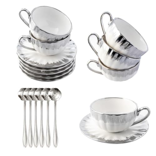 CHANJOON 6 Teacups Tea Tray Spoon Set, 6oz with Galvanized Gold Rim and Gift Box, Ceramic White English Coffee Teacup (silver, medium) - color: Silver, size: medium