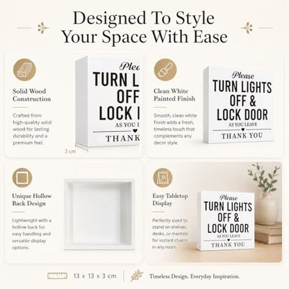 Home Safety Reminder Sign White Wood Box Plaque, Turn Lights Off and Lock Door as You Leave Farmhouse Tabletop Shelf Accent for Entryway Office 5x5 Inches - color: Homre Sign 26
