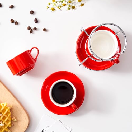 2.5oz Espresso Cups Set of 4, Small Stackable Coffee Cups with Saucers and Metal Stand, Ceramic Demitasse Cups, Cappuccino Cups for Coffee Drinks, Latte, Red - color: Red, size: 2.5oz