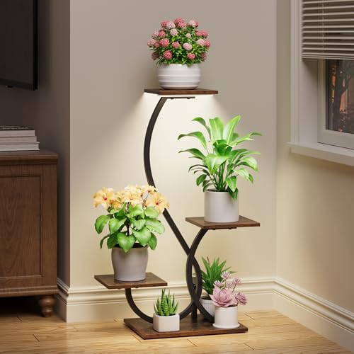 BACEKOLL Plant Stand with Grow Lights 4 Tier Metal Indoor Plant Shelf 32" | S-Shaped Corner Plant Stands Indoor, Grow Light Dimmable Timer, 17" Spacing, Anti-tip Straps, Easy Setup, Black Plant Shelves