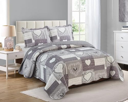 Brilliant Sunshine Grey Heartlove Pillowshams Set, 20"x26"+2" | Patchwork Design, Quilted Standard Pillowcases, Washable Scallop Edge Pillow Covers, Pack of 2 - color: Grey White, size: 20 x 26 inches