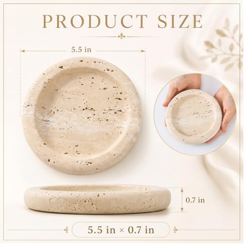 5.5 Inch Small Travertine Stone Tray Marble Jewelry Dish Trinket Tray for Women, Perfume, Coffee Table (Round) - style: Round