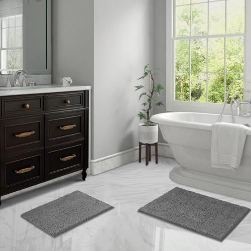 LINLA Bathroom Rugs Sets 2 Piece, Absorbent Soft Chenille Bath Mat, Grey | Non-Slip ,Quick Dry, Washable, Carpet Mats for Floor, Tub and Shower,32" x 20"/24" x 17" - color: Grey-grey
