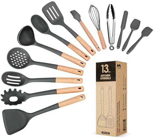 Kitchen Utensils Set, 13PCS Silicone Cooking Utensils, Heat Resistant Kitchen Utensil Spatula Set for Nonstick Cookware, Wooden Handles Kitchen Gadgets Tools Set - color: Gray